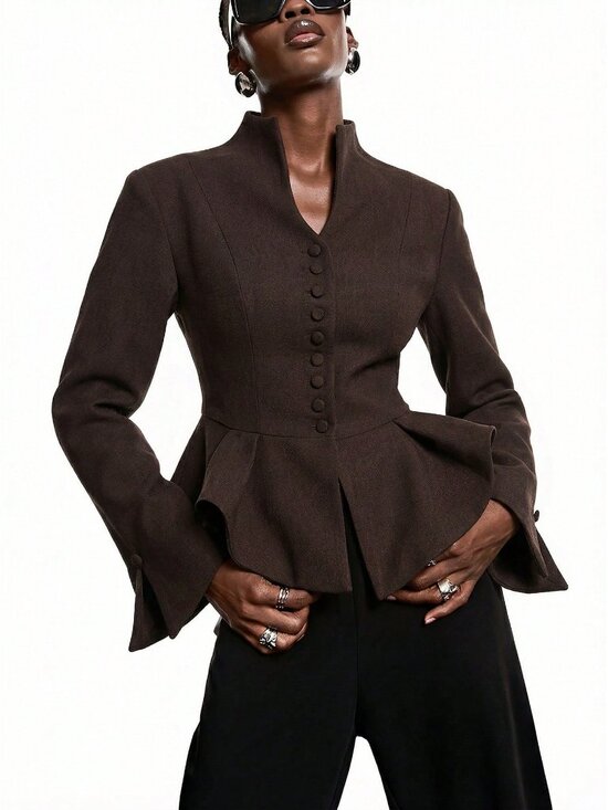 Jackets & Blazers - Coffee Brown Elegant Women's Minimalist Coffee Fitted Waist Blazer